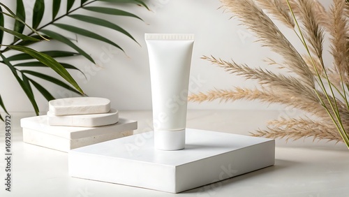 Minimalist Presentation: White Tube Mockup with Natural Elements for Skincare and Beauty Products on a Clean Background.
