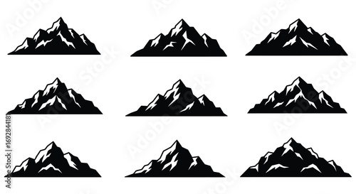 nine black mountain silhouettes arranged in three rows
