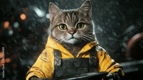 Adorable cat wearing a yellow raincoat stands ready to face the rainy weather in this vibrant illustration