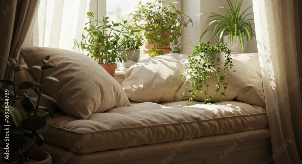Fototapeta premium A sunlit window seat piled with cushions surrounded by various potted plants bathed in gentle light