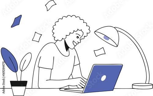 Joyful person working on laptop with flying papers and desk lamp creating productive and creative atmosphere at home office or study space