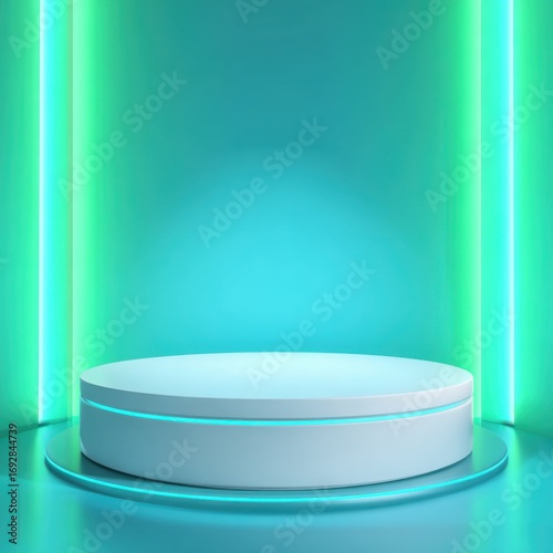 Empty teal platform lit by neon