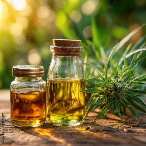 CBD oil bottles and cannabis plant in a natural setting