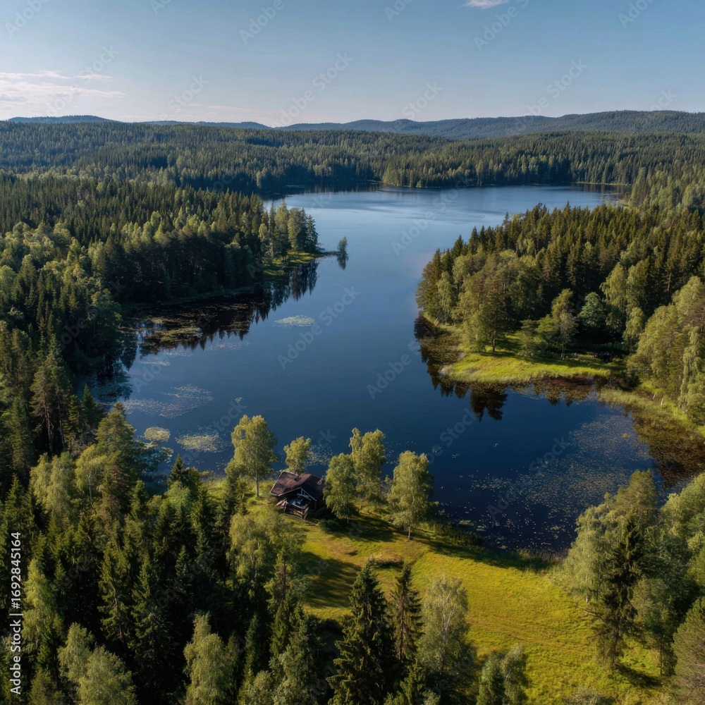 Obraz premium Aerial view of a serene lake surrounded by dense forest