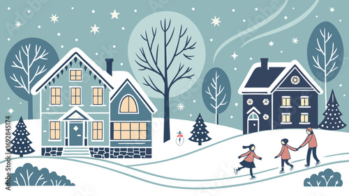 Charming Scandinavian-style winter village scene: families ice skating, snow-covered houses, whimsical trees.