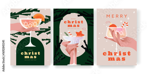 Merry Christmas and Happy New Year 2026 greeting cards with festive cocktails, champagne glasses, candy canes, orange slices, baubles, snow and holiday decoration elements. Vector flat party design