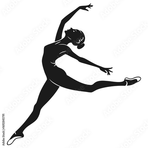 Dynamic black and white silhouette of a graceful dancer captured in a mid leap pose conveying movement and elegance