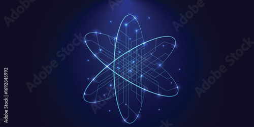 Abstract Glowing Atom with Neon Blue Orbits – Quantum Technology Network Background, Futuristic Digital Science, Data Grid and Energy Particles