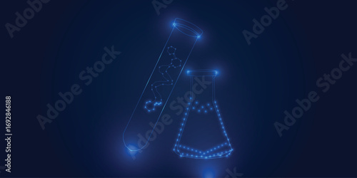 Blue low poly test tube and Erlenmeyer flask, glowing chemistry lab glassware on blue background with molecular structure, science research vector