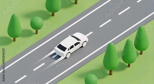 Isometric 3D render: White car speeds on a highway, clean road with green trees. Modern, cartoonish travel and transport concept.