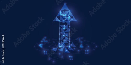 Futuristic blue polygonal upward arrow, digital network HUD, technology growth and data analytics concept on dark background, innovation progress rise