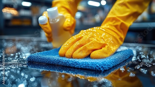Cleaning store counter with yellow gloves and blue cloth.  Store interior in background