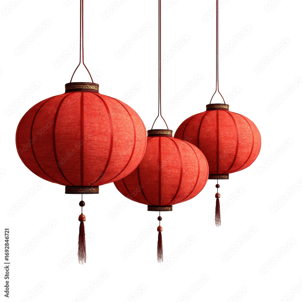 Obraz premium Three hanging red lanterns captured in a festive setting, showcasing intricate designs for celebration and decoration