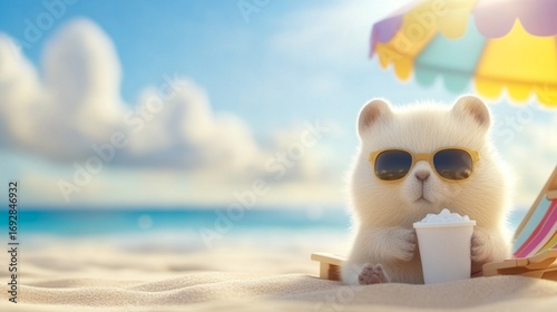 Cute white bear enjoying a cold drink on a sunny beach with an umbrella and chair