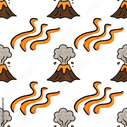 Seamless vector pattern featuring hand-drawn cartoon volcanoes erupting lava and smoke against a white background, creating a playful yet slightly ominous design.