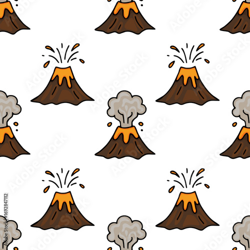Fotografie Seamless vector pattern featuring hand-drawn illustrations of volcanoes in various eruptive stages, showcasing a playful yet informative style with orange lava and grey smoke against a white backgr