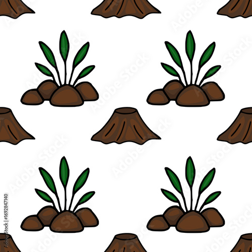 Seamless vector pattern featuring stylized tree stumps and sprouting plants on a white background, creating a playful yet earthy design.