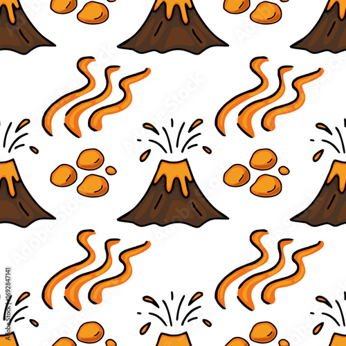 Seamless vector pattern featuring playful cartoon volcanoes erupting orange lava, accompanied by flowing lava streams and scattered volcanic rocks on a white background.