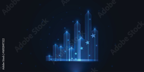 Neon blue bar chart with rising stars on dark background, business analytics growth, five-star rating, performance KPI, success, digital data visuals.