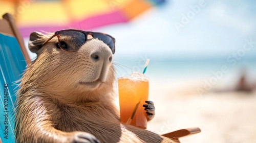 Relaxing capybara enjoys beach day with sunglasses and a drink under colorful umbrella