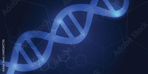 Glowing blue DNA double helix background with hexagonal molecular shapes futuristic genetics and biotech concept, abstract digital health illustration