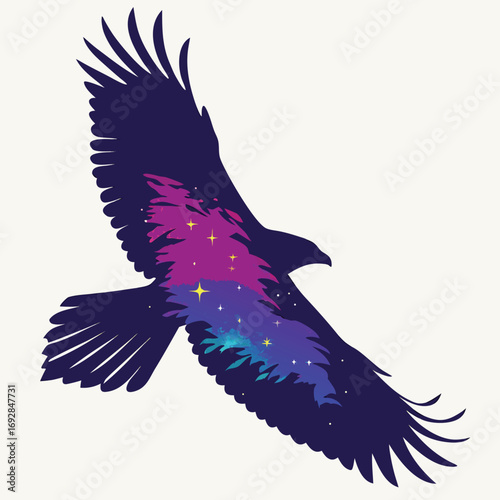 Majestic silhouette of a bird in flight filled with a vibrant cosmic galaxy and starry nebula