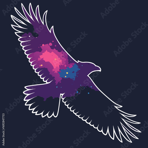 Silhouette of a majestic bird in flight filled with a vibrant cosmic galaxy and starry nebula