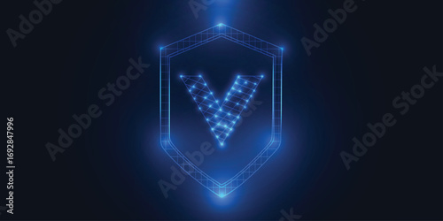 Neon blue digital shield with glowing V check mark, low poly grid on dark background, cybersecurity protection, verification, secure access & privacy.