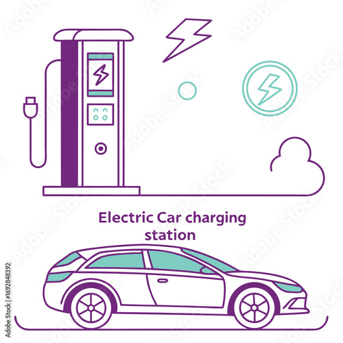 Modern electric car charging station illustration with clean lines and vibrant colors