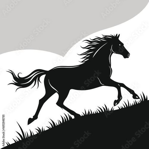 Dynamic monochrome silhouette of a powerful running horse in full stride captured in a classic artistic style