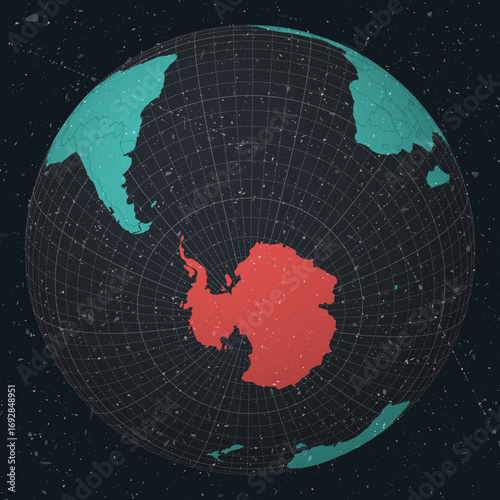 Antarctica on Globe. Vintage look with grunge scratched texture. Country view on world map in Dark Charcoal Turquoise color palette. Antarctica shape on map. Globe with meridians and parallels.
