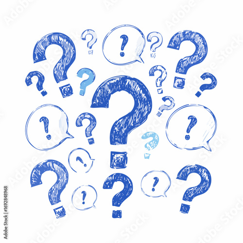 Blue and white crayon drawn doodle question marks. Collection of various question marks with speech bubbles.