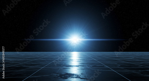 Abstract blue light source shining over reflective surface  