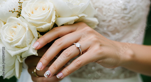 Bride holding bouquet of white roses with engagement ring  