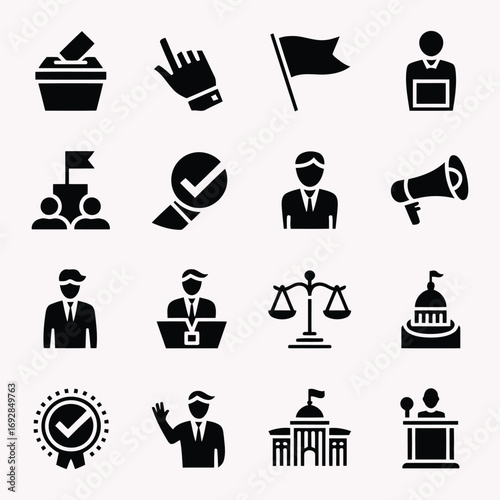 Collection of political and government icons representing voting leadership law and justice