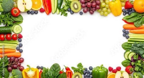 A vibrant border of various fresh fruits and vegetables surrounds a white central space