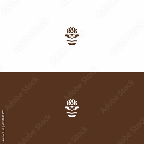 A minimalist logo design featuring coffee beans and steam, resembling a face.