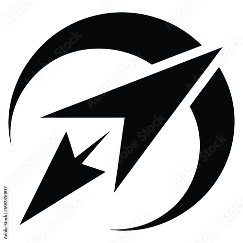  Abstract black arrow symbolizing forward momentum and growth within a circular design