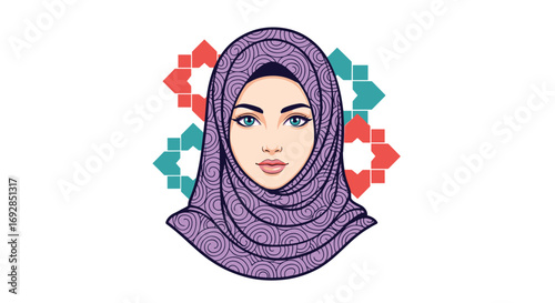 Portrait of a young woman wearing a purple hijab adorned with islamic geometric patterns in the background