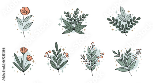 Set of elegant botanical illustrations featuring delicate flowers and greenery arrangements with subtle artistic touches