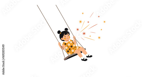 Joyful child on swing with sparkle effects celebrating summer holidays outdoor playtime