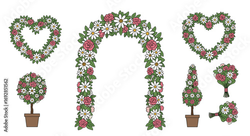 Beautiful floral decorations including wedding arch topiary and heart wreath designs