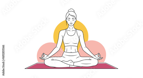 A woman in a meditation pose practicing yoga on a mat surrounded by abstract shapes
