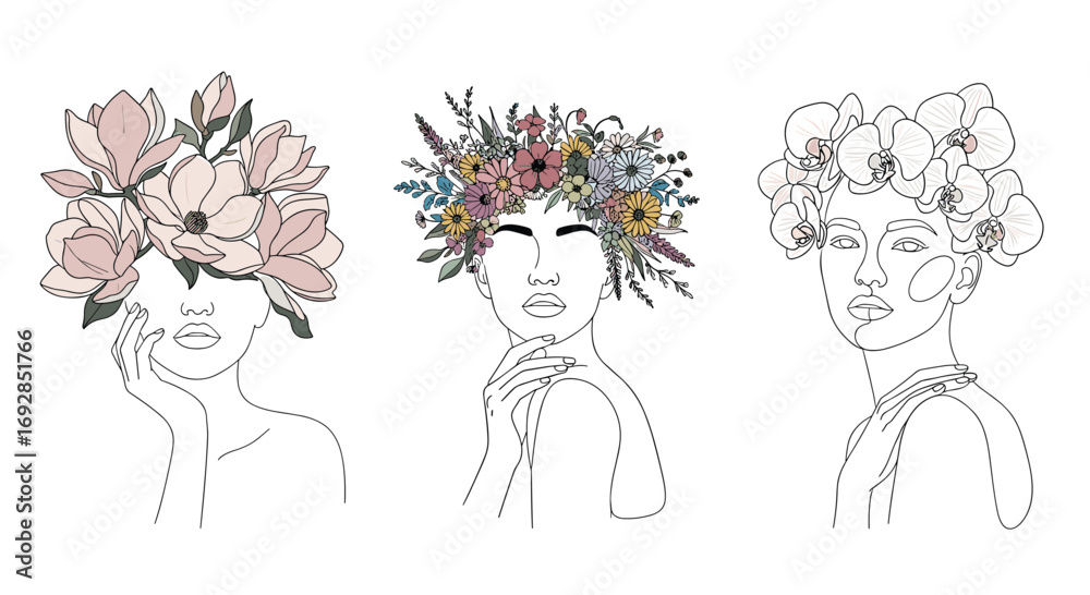 Fototapeta premium Elegant line art illustrations of women adorned with delicate floral wreaths and botanical accents