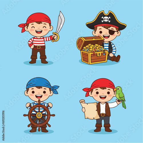 Cute Cartoon Pirates With Treasure Map And Parrot Ready For Adventure
