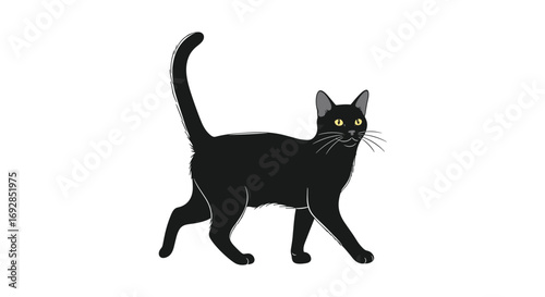 A sleek black cat with bright yellow eyes walks confidently across a white background