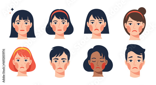 Diverse group of people showing negative emotions and facial expressions on a white background