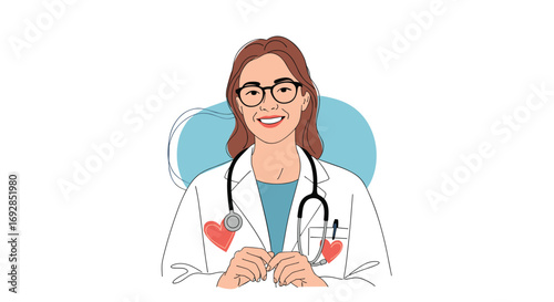 A kind female doctor wearing glasses and a lab coat with a stethoscope around her neck is smiling