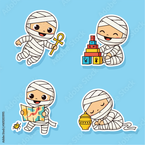 Cute Mummy Characters Having Fun Playing Toys and Objects
