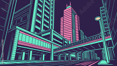 Retro futuristic cityscape with teal and pink buildings